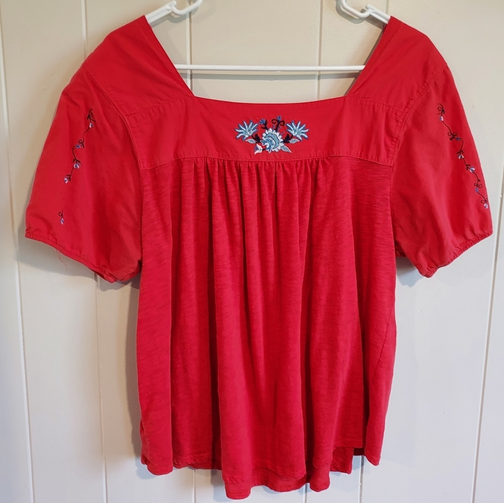 Time and Tru Embroidered Bright Red Square-Neck Smock Blouse - Picture 2 of 3